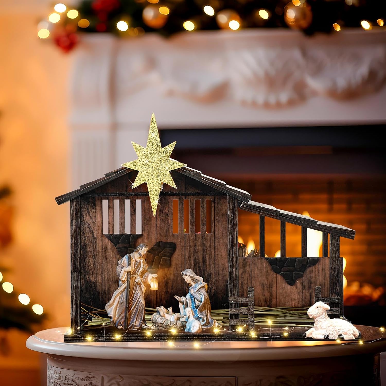 14 x 11 christmas wooden nativity stable with fence and roof star nativity manger nativity scene set 2 simulated withered grass with light string nativity stable creche (without figurines) 14" x 11"