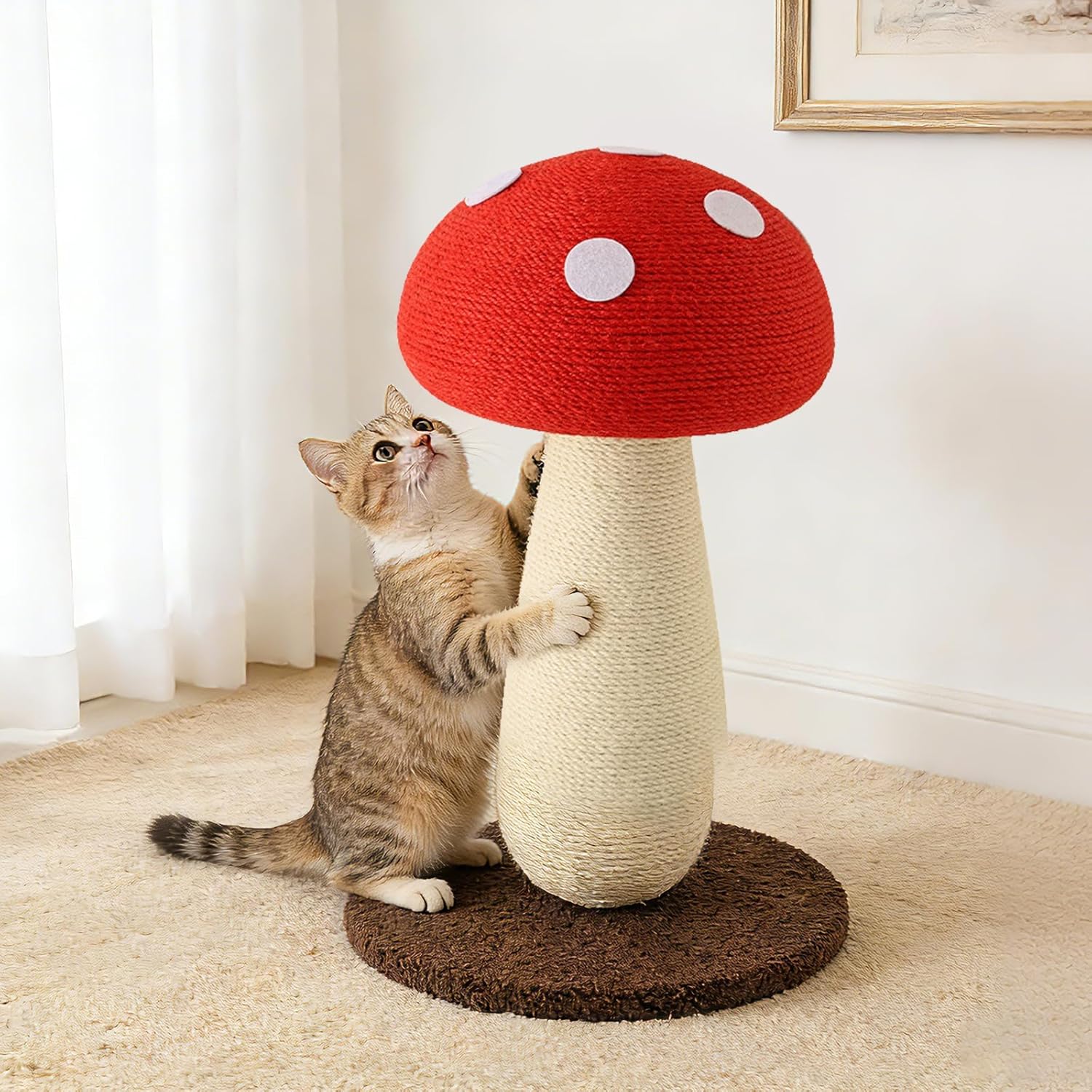 Mushroom Cat Scratching Post, 19.7 Inch Cat Scratcher with Stable Base, Natural Sisal Pole & Cozy Perch for Indoor Cats, Fun Fungus Cat Scratching Board for Kittens and Cats