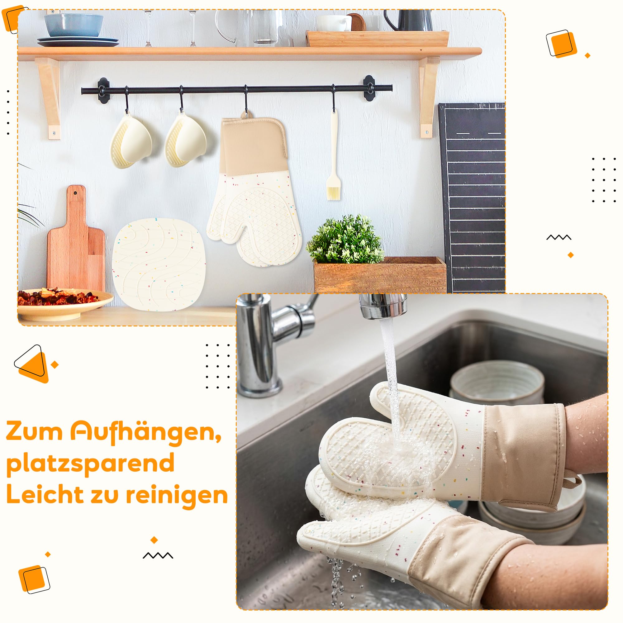 Ofenhandschuhe Topflappen Topfhandschuhe Set 6-teilig – hitzebeständig, aus Silikon & Baumwolle, rutschfest, mit Silikonpinsel und Untersetzer für Backen, Kochen und Grillen, Weiß