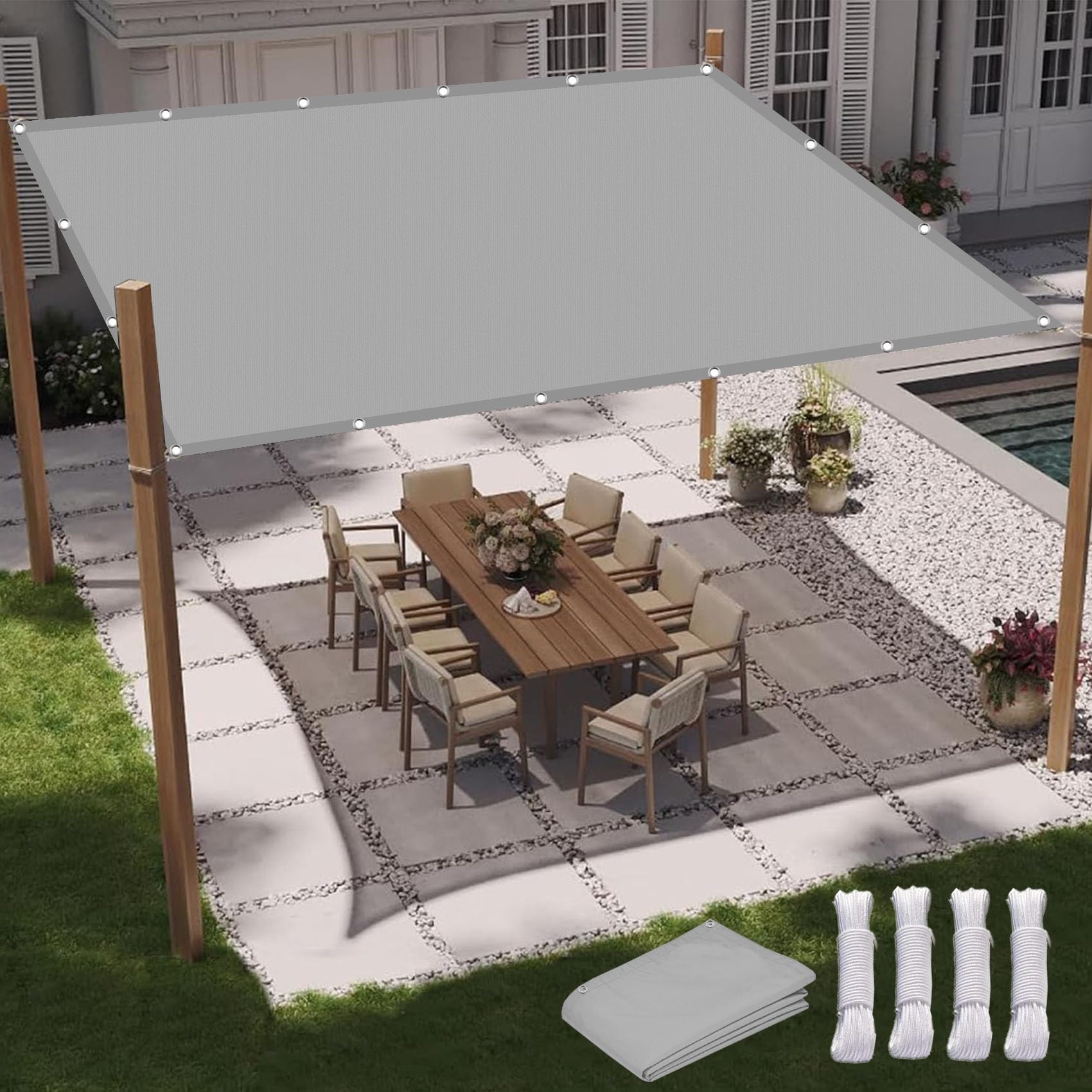Sonnensegel Rechteckig 6 x 8 m Rechteckig Wasserdicht UV Schutz, Sonnensegel,Schattentuch, mit Ösen, für Garten Terrasse Camping, Hellgrau