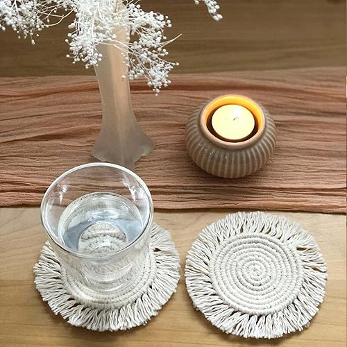 Miniatura 10 de 2 manteles individuales de macramé hechos a mano de algodón tejido bohemio con borlas, manteles individuales redondos trenzados para escritorio,