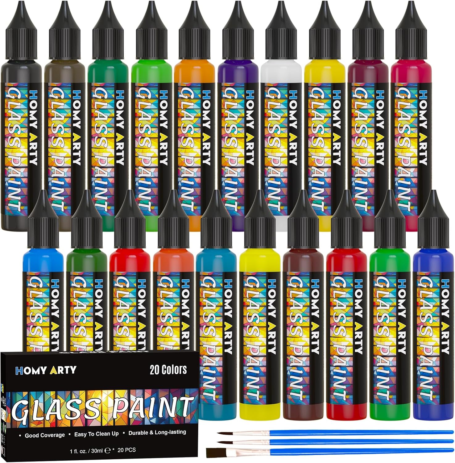 HOMY ARTY Glass Paint 20 Colors (1 fl oz Each) with 3 Brushes, Permanent No-Bake Acrylic Enamel Paint, Waterproof Stained Glass Paints, for Glass Painting, Ceramics, Light Bulbs and Windows