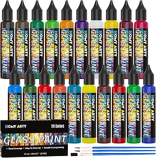 Glass Paint 20 Colors (1 fl oz Each) with 3 Brushes, Permanent No-Bake Acrylic Enamel Paint, Waterproof Stained Glass Paints, for Glass Painting, Ceramics, Light Bulbs and Windows