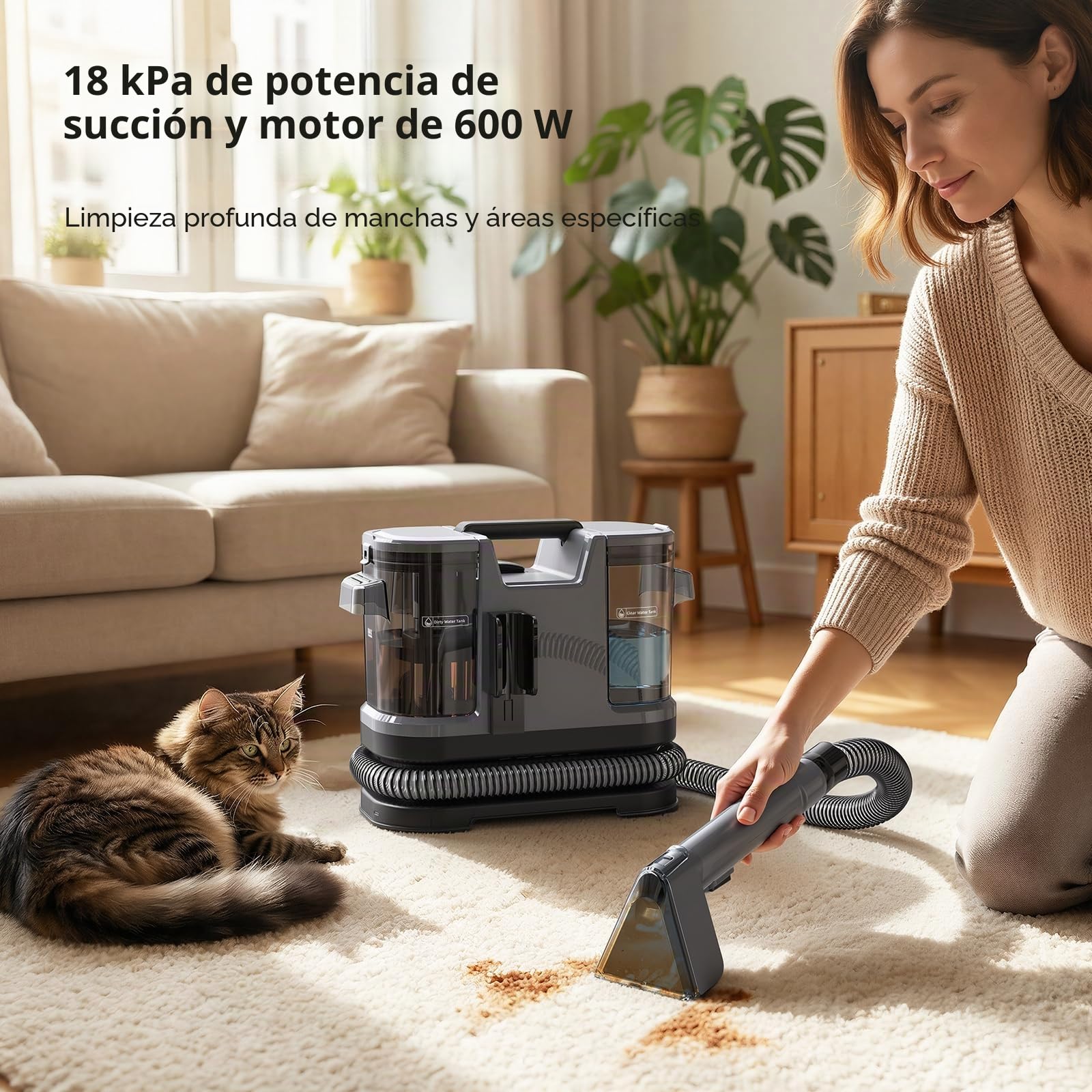 Lubluelu Aspirador húmedo para tapicería, 600 W, 18 kPa, con autolimpieza | Aspirador de lavado en húmedo con manguera larga, grandes tanques de agua y diseño ligero para alfombras, sofás y coches.