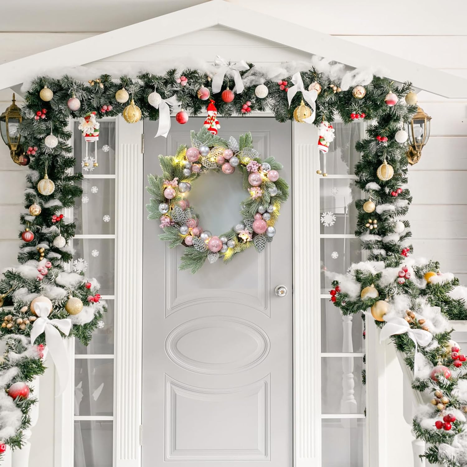 18 Inch DIY LED Lighted Christmas Wreath, Flocked Greenery Door Wreath with Pink Silver Ornaments Bows, Battery Powered for Front Door, Indoor Wall Fireplace Mantel Holiday Decor​