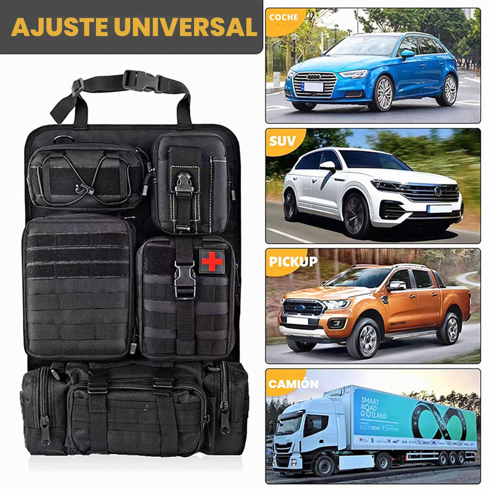 Organizador táctico para respaldo de asiento de coche, organizador universal de panel Molle, bolsa de almacenamiento con 5 bolsas Molle desmontables diferentes para todos los coches,