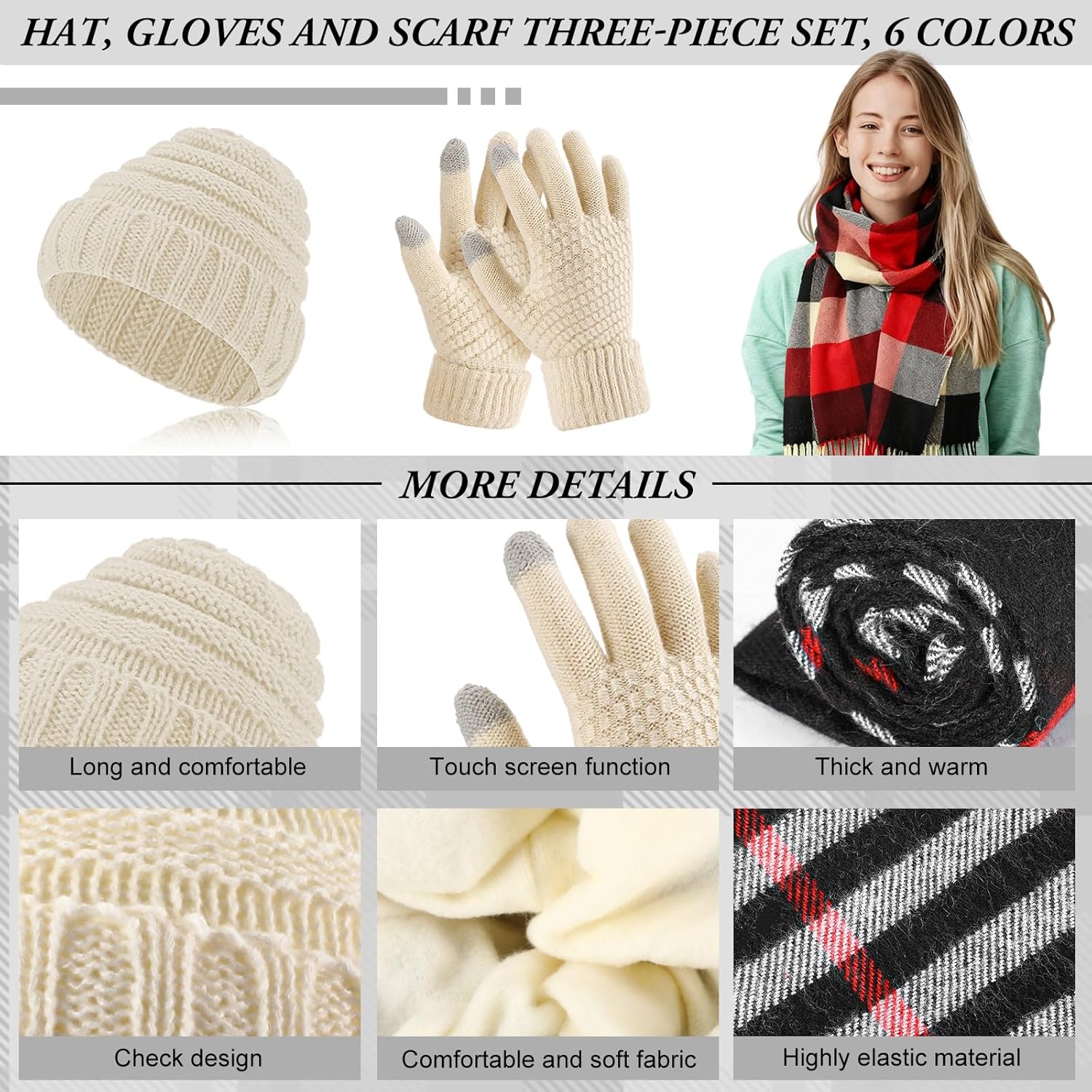 Suhine 18 Pcs Women Knit Beanie Hat Set Winter Warmer Sets Including Buffalo Plaid Scarf Touchscreen Gloves