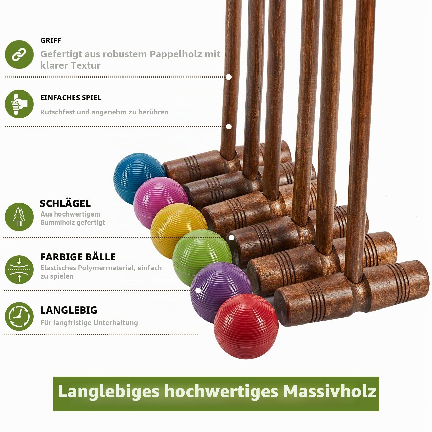 Krocket-Set für 6 Spieler, 81,3 cm, Vintage-Stil, Krocket-Set mit Holzschlägeln/farbigem Ball/Wickets/Heringen für Erwachsene/Jugendliche/Familie, perfekt für Rasen/Hinterhof-Spiel/Park