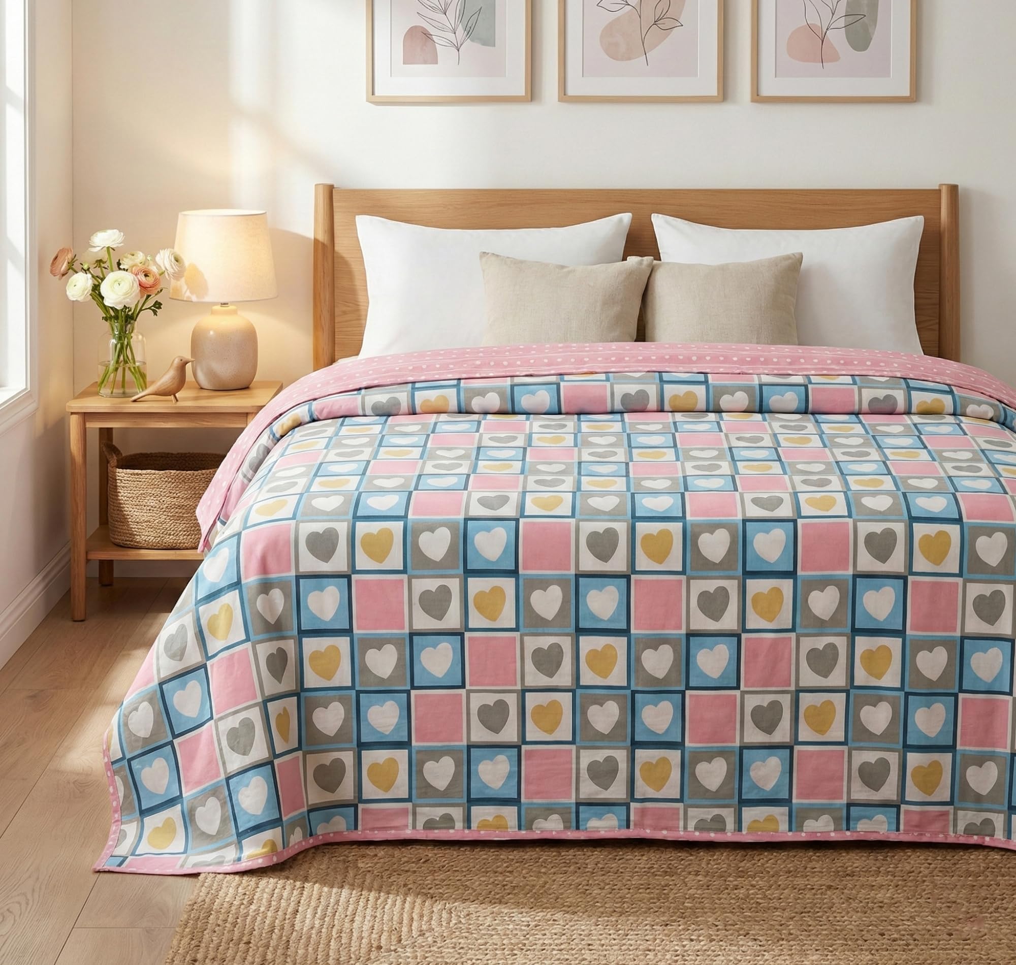 BSB HOME 100% Cotton Reversible Dohar Single Bed Size | AC Blanket Lightweight Summer Comforter | Soft Breathable Bed Blanket (152 x 225 cm) (Sweetheart Checks)