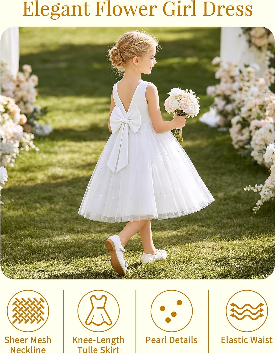 Flower Girl Dress Wedding Formal Party Dress V-Back Bow 4-12Y