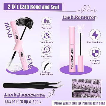 Wispy Lash Clusters Kit Natural Lash Extensions Kit DIY Cluster Eyelash Extensions C Curl 8-16mm Individual Lashes Kit with Lash Remover Bond and Seal Soft Thin Band by ALICE