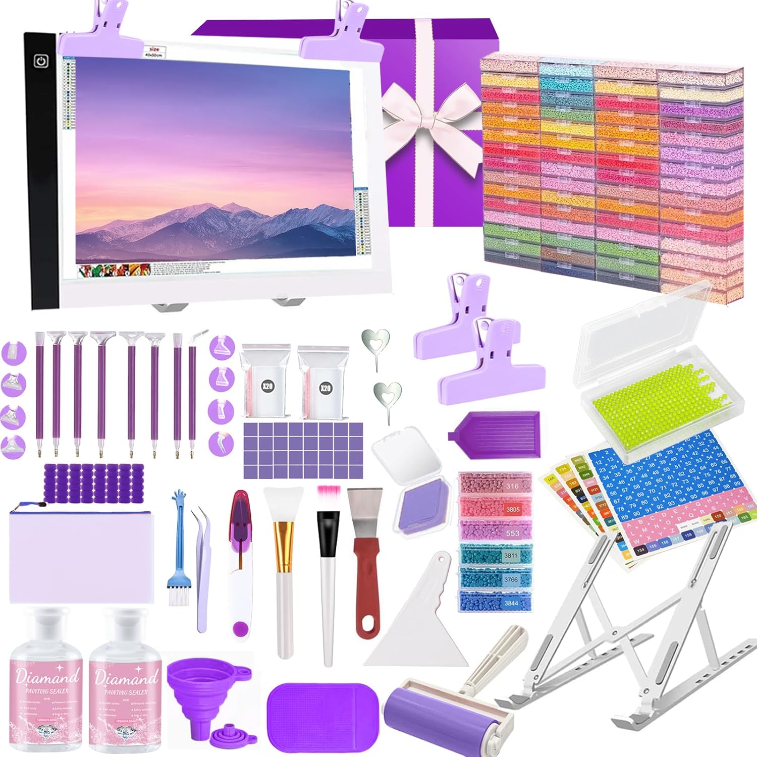 Qlonry 185 Pcs All Inclusive Diamond Painting Tool Kit Diamond Art Accessories Kit Including A4 LED Light Pad Kit,Bracket,Convex Point Design Storage Box,Painting Pen for DIY Craft