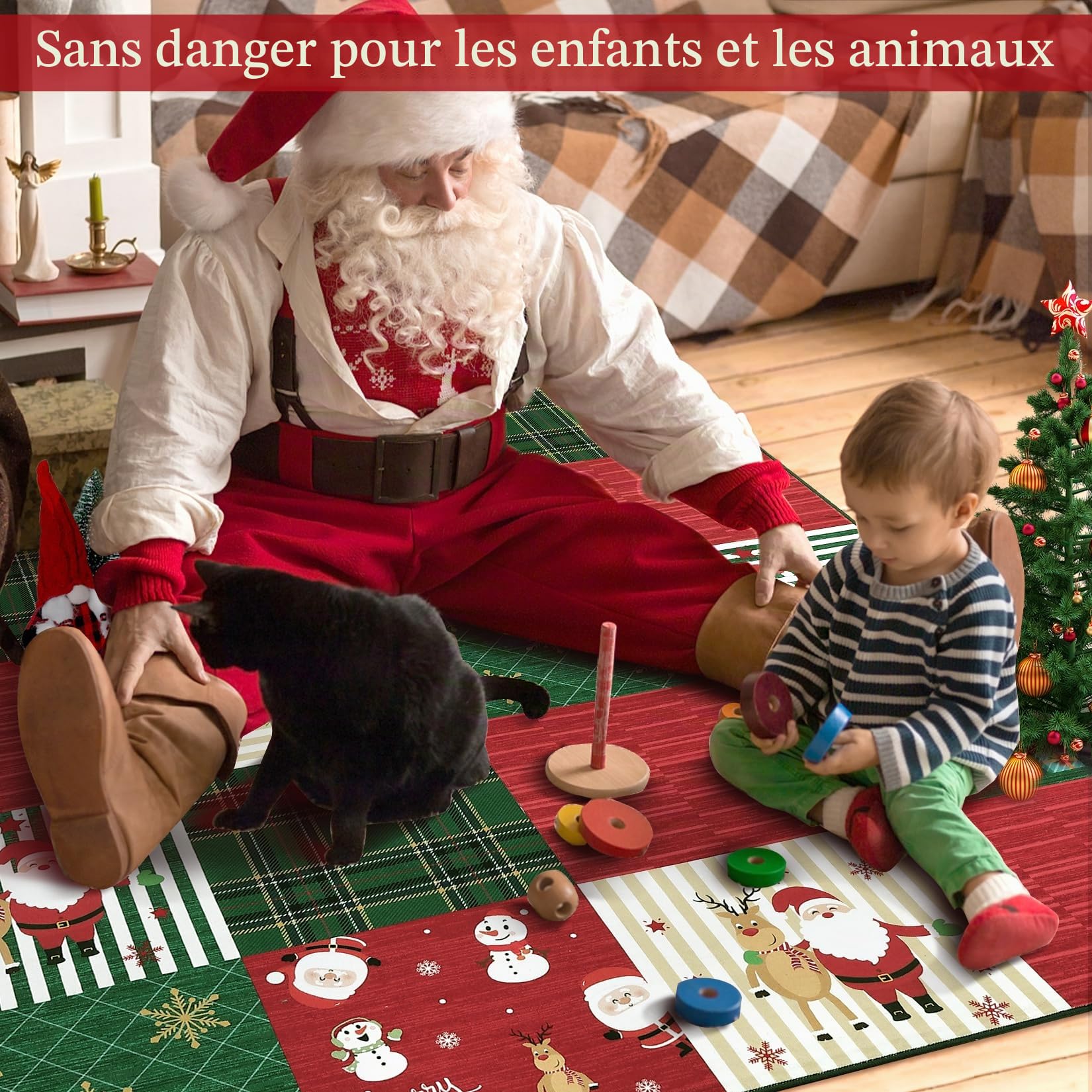 CAROMIO Tapis de Noël Rouge/Vert Tapis de Zone de Noël Cloche Flocon de Neige Ornement de Renne Tapis Grand Tapis de Salon Moquette Lavable Moquette de Sol à Faible Hauteur pour Intérieur, Rouge 140 x