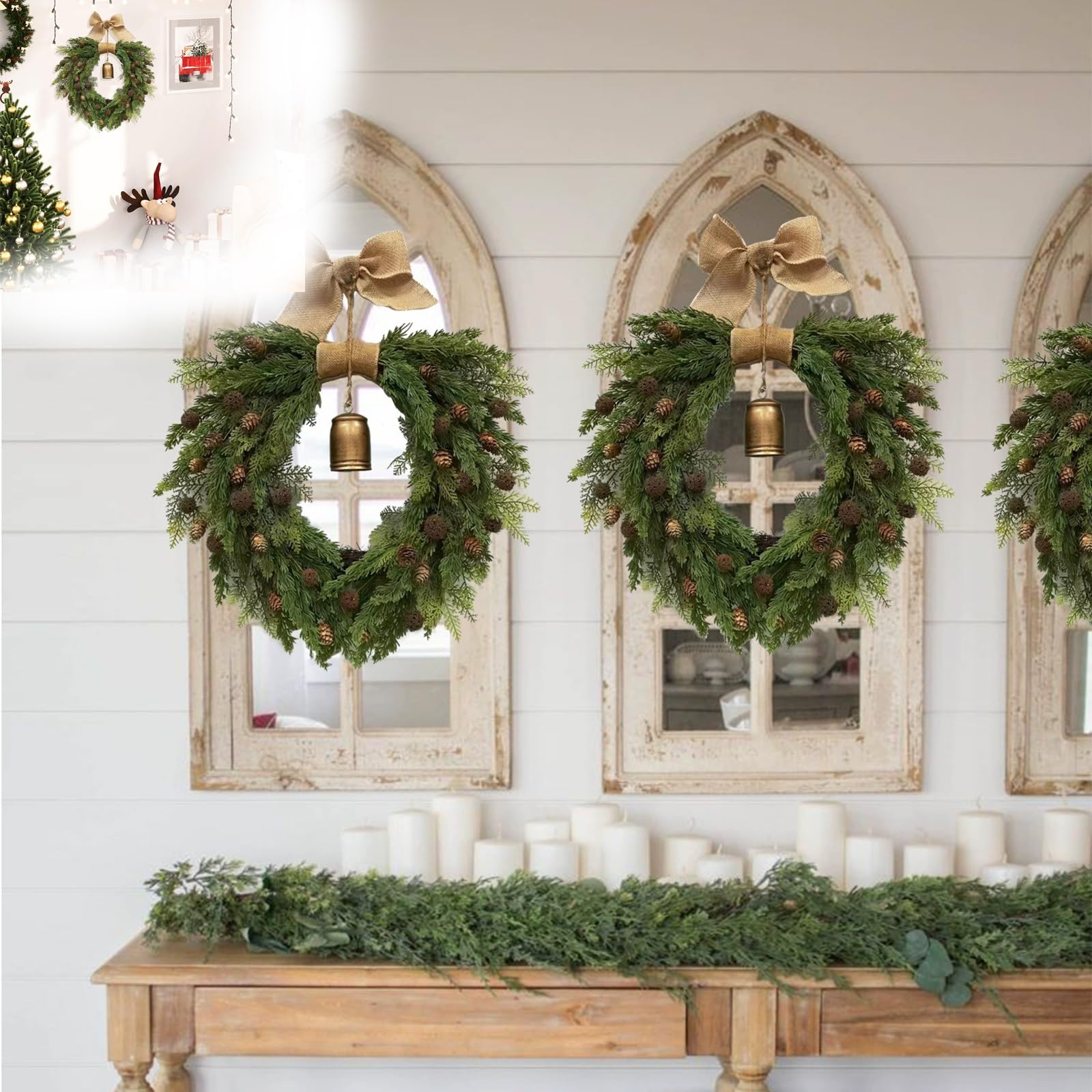 Adventskranz Künstlich, mit Tannenzapfen, Juteschleife und Metallglocke, Türkranz Weihnachten für Haus, Veranda und Fenster(3PCS)