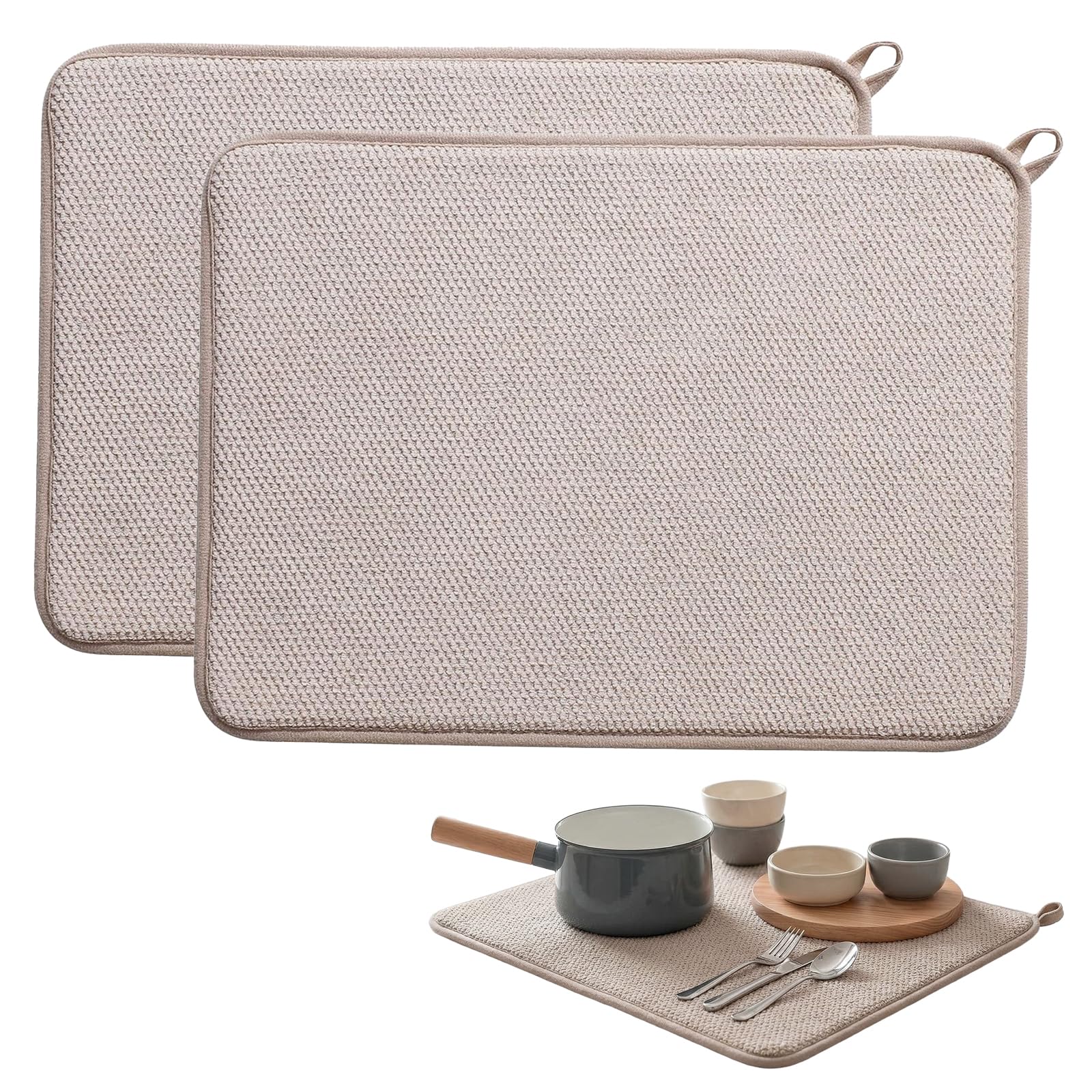 Drying Mat 2 Pack – 50x38cm Microfibre Kitchen Counter Mat, Super Absorbent Quick-Dry Dish Drying Mat for Drying Dishes, Glasses, Utensils, Beige