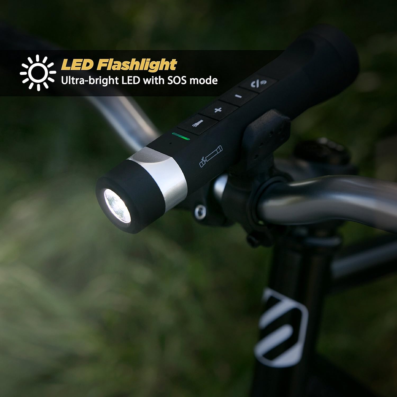 SCOSCHE BMLS HANDLEIT mounted on a bike handlebar, with flashlight active