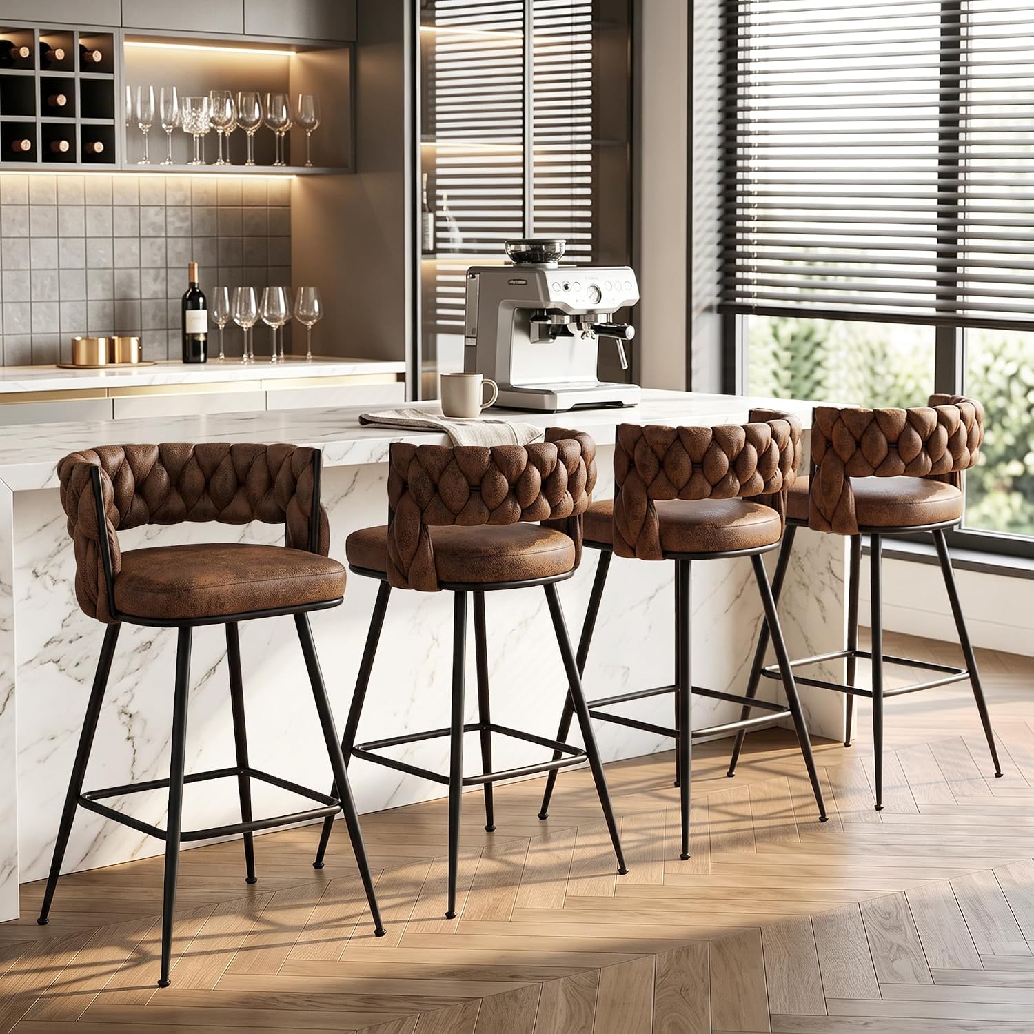 VECELO Bar Stools Set of 4, Counter Height Bar Stools, 26 inch Seat Barstools with Woven Back and Footrest for Kitchen Island Counter, Brown