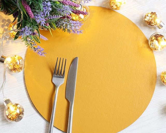 Set of 4 Elementary Mustard Leatherboard Round Placemats - Made in The UK
