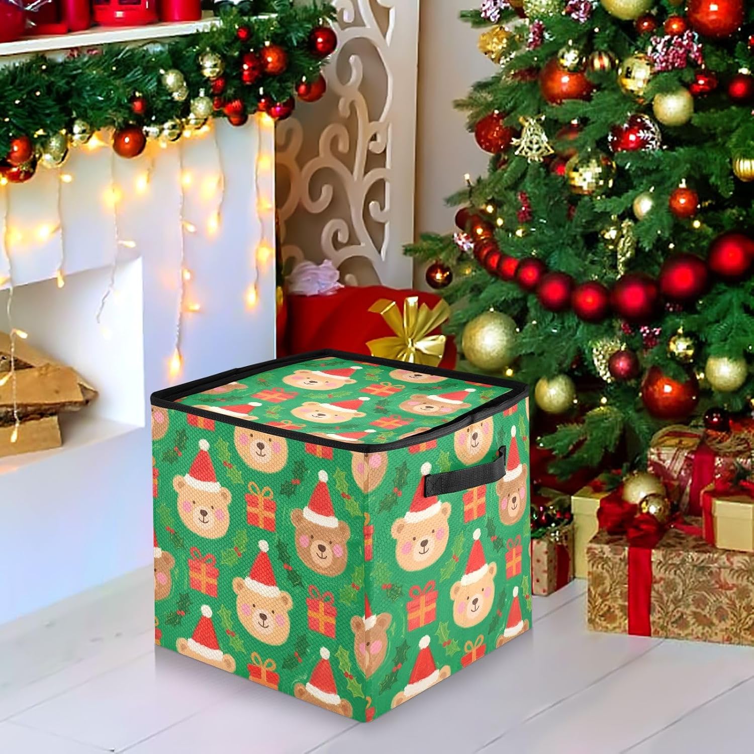 High Capacity Christmas large ornament storage Holds Up to 64, Adjustable Dividers foldable Holiday Storage Case with Lid,Merry Christmas Brown Bear