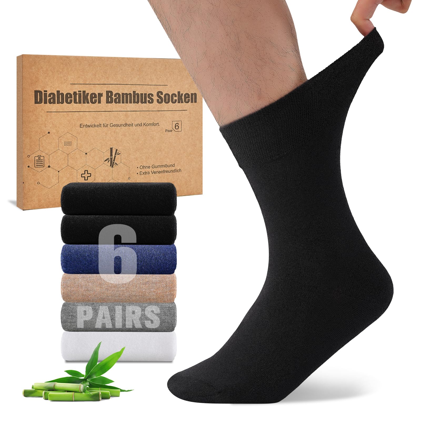 Niorasen Calze per Diabetici in Bambù, 6 Paia Calzini per Diabetici senza Elastico e senza Cuciture, Calzini in Bambu con Bordo Confortevole Uomo e Donna