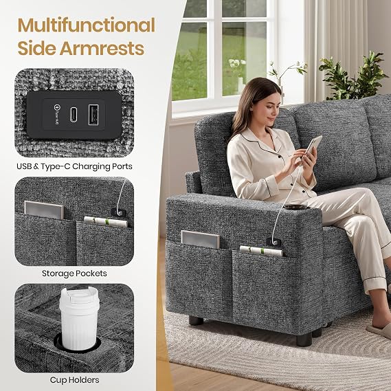Corner Sofa Bed, U-Shaped Convertible Sleeper Sectional Sofa Bed with Storage, USB & Type-C Ports, Cup Holders and 2 Cushions, 4 Seater Chenille Pull Out Couch Bed for Living Room, Bedroom, Grey