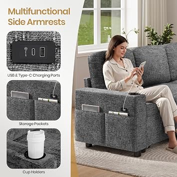 Corner Sofa Bed, U-Shaped Convertible Sleeper Sectional Sofa Bed with Storage, USB & Type-C Ports, Cup Holders and 2 Cushions, 4 Seater Chenille Pull Out Couch Bed for Living Room, Bedroom, Grey