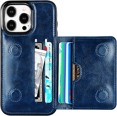 KIHUWEY Funda tipo cartera compatible con iPhone 15 Pro Max, soporte para tarjetas de crédito, de cuero de primera calidad, cierre magnético oculto,
