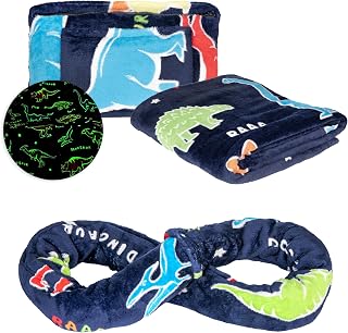 NAPRO Kids 3-in-1 Travel Blanket and Pillow Combo, Convertible Infinity Scarf, Lightweight Neck Support for Airplane, Car & Camping, Glow-in-the-Dark - Dinosaur