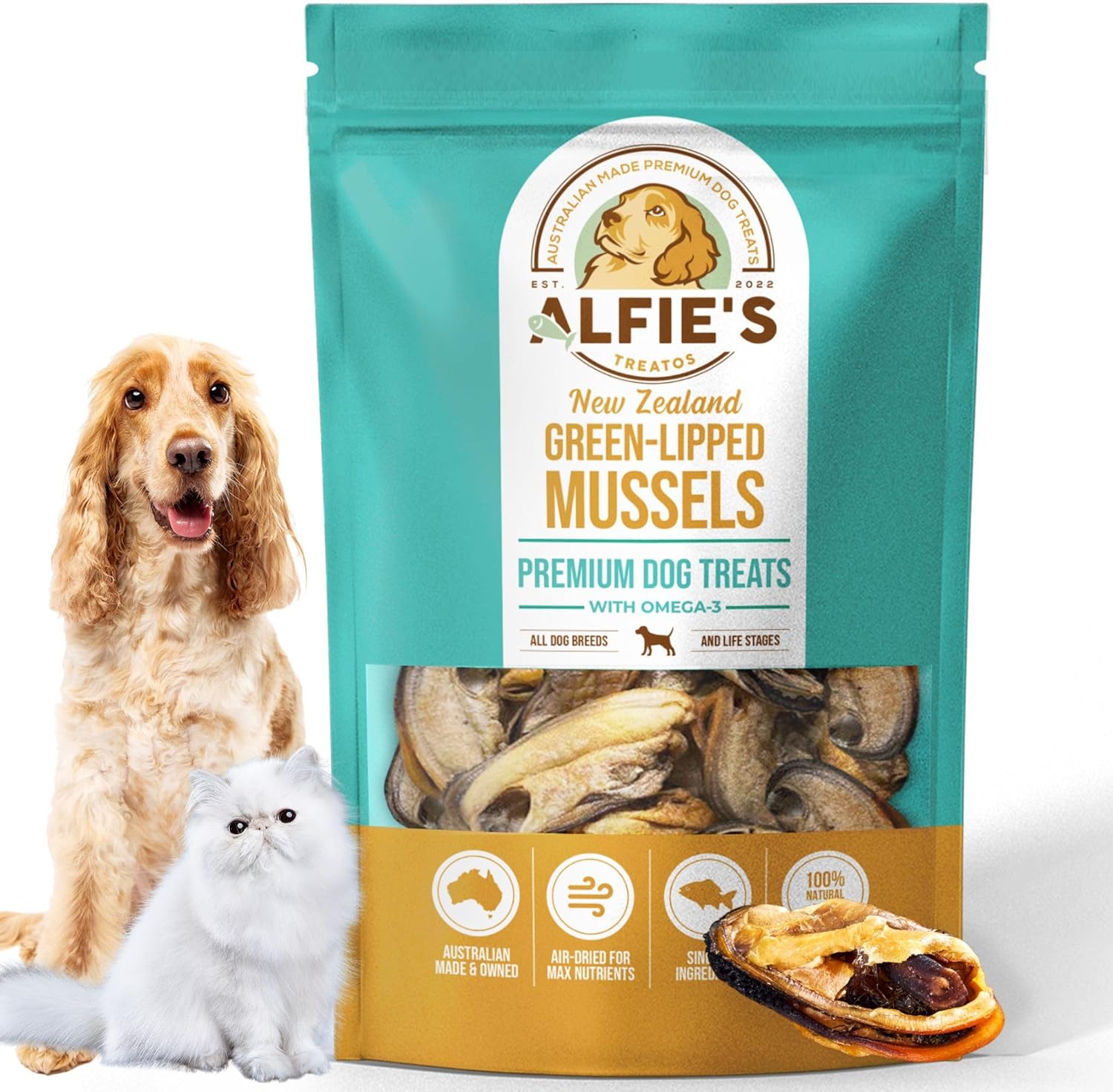 ALFIE’S TREATOS Green Lipped Mussels for Dogs & Cats (2.65 oz), Natural Hip & Joint Support Treat & Supplement, 100% NZ Mussels, Omega-3 Rich, Freeze-Dried Alternative
