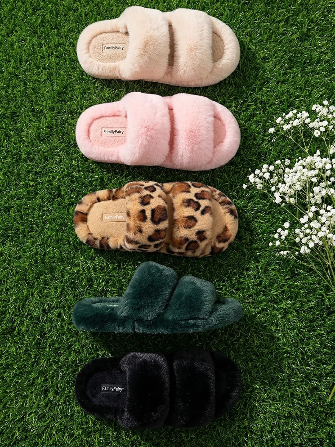 FamilyFairy Women's Fluffy Faux Fur Slippers Comfy Open Toe Two Band Slides with Fleece Lining and Rubber Sole