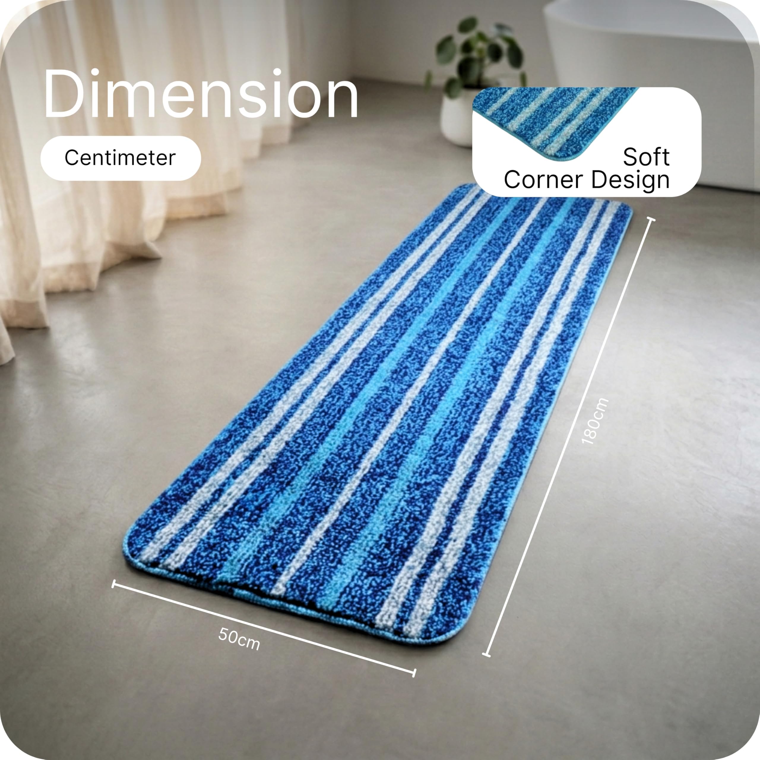 Saral Home Striped Soft Microfiber Durable & Washable Multipurpose Bedside Runner for Home/Kitchen/Living Area/Lobby/Office Entrance with Anti Skid Backing (Blue, 50 Cm X 180 Cm) 1