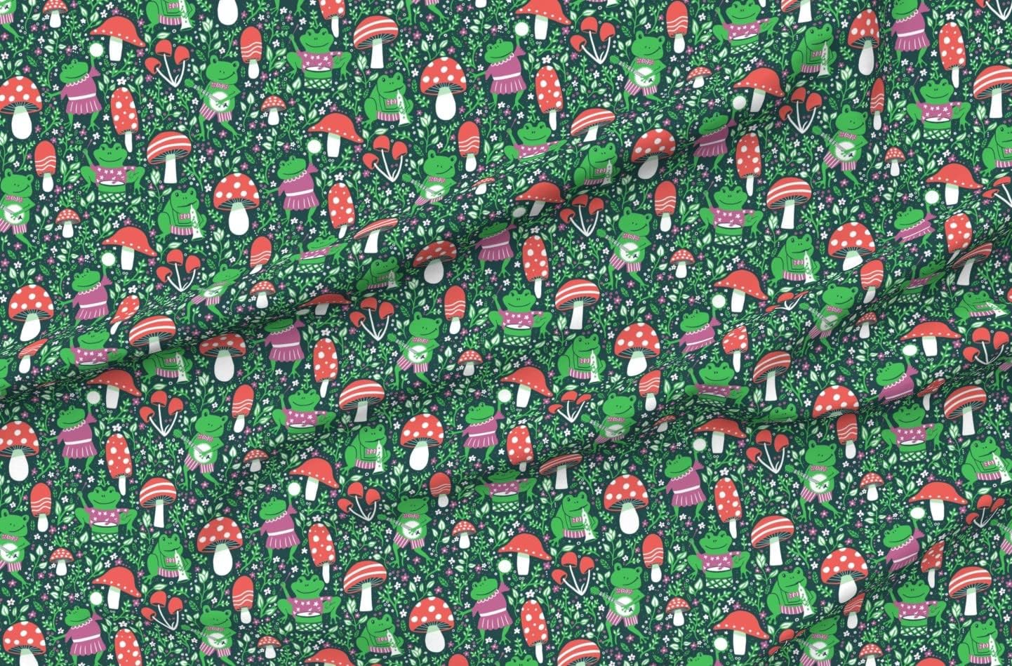 Spoonflower Fabric - Mushrooms Frogs Toadstools Woodland Amphibians Whimsical Toads Printed on Petal Signature Cotton Fabric Fat Quarter - Sewing Quilting Apparel Crafts Decor
