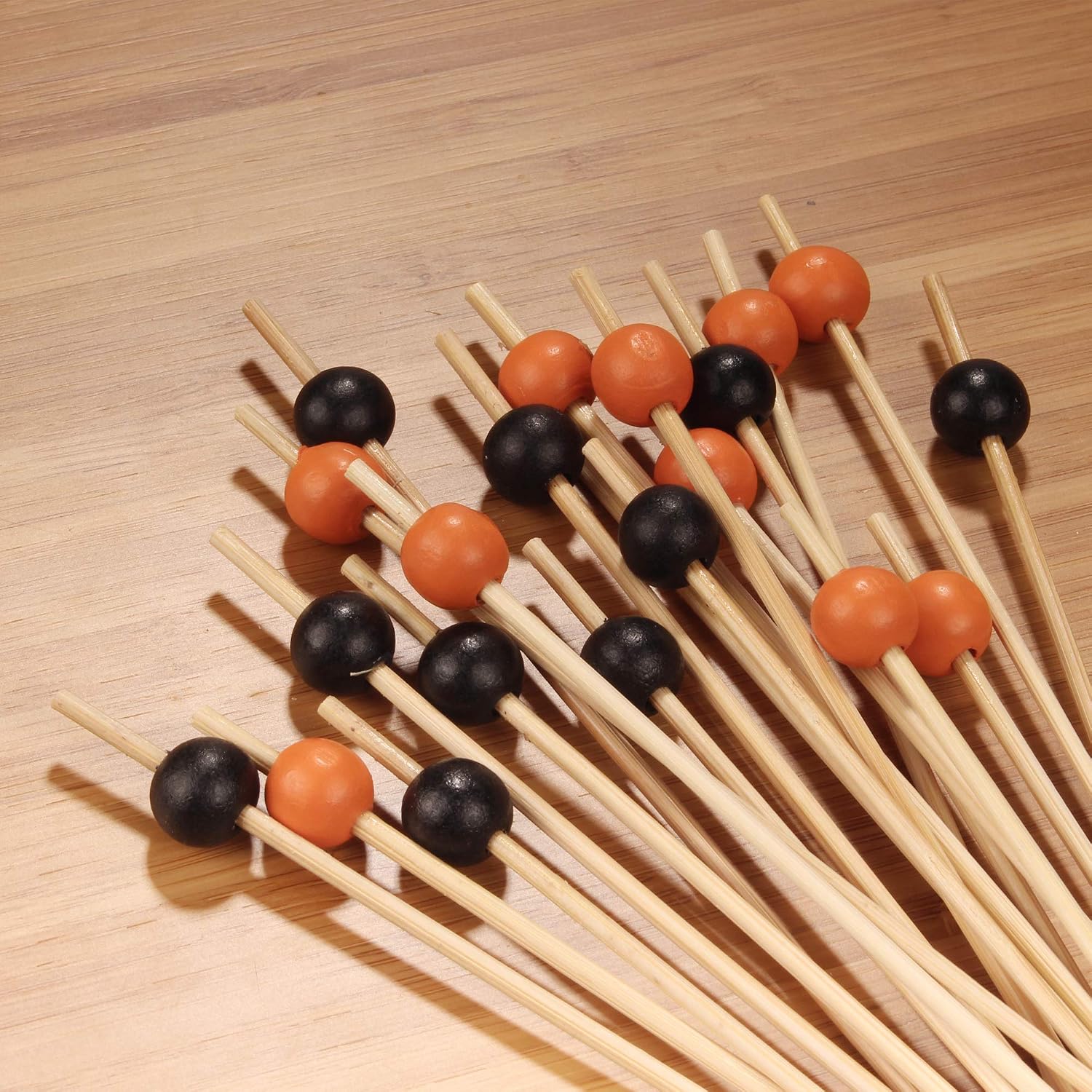 BambooMN Halloween Colors Food and Drinks Picks Skewers Cupcake Toppers Party Supplies - Black, Orange Ball End Biodegradable Bamboo - 3.9" - 200 Pieces