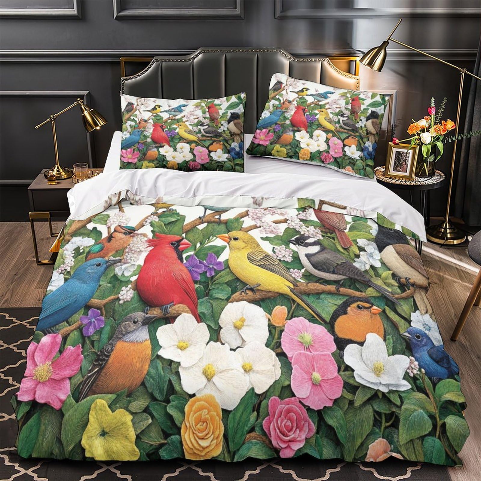 Housse de couette anti-decoloration oiseaux en fleurs
