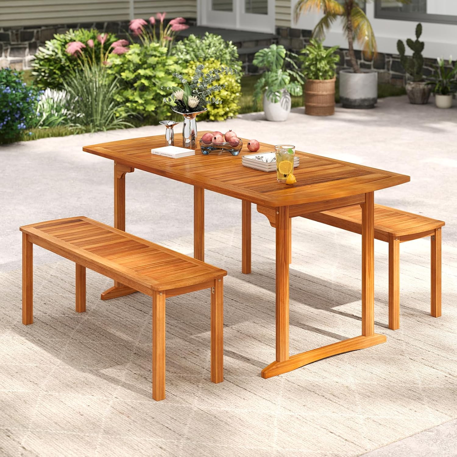 RELAX4LIFE Wood Patio Outdoor Bench - 48’’ Backless Acacia Wooden Dining Bench w/Slatted Seat, 2-Person Farmhouse Indoor Outside Furniture for Entryway Garden Park Porch Poolside, 800LBS Max Load (1)