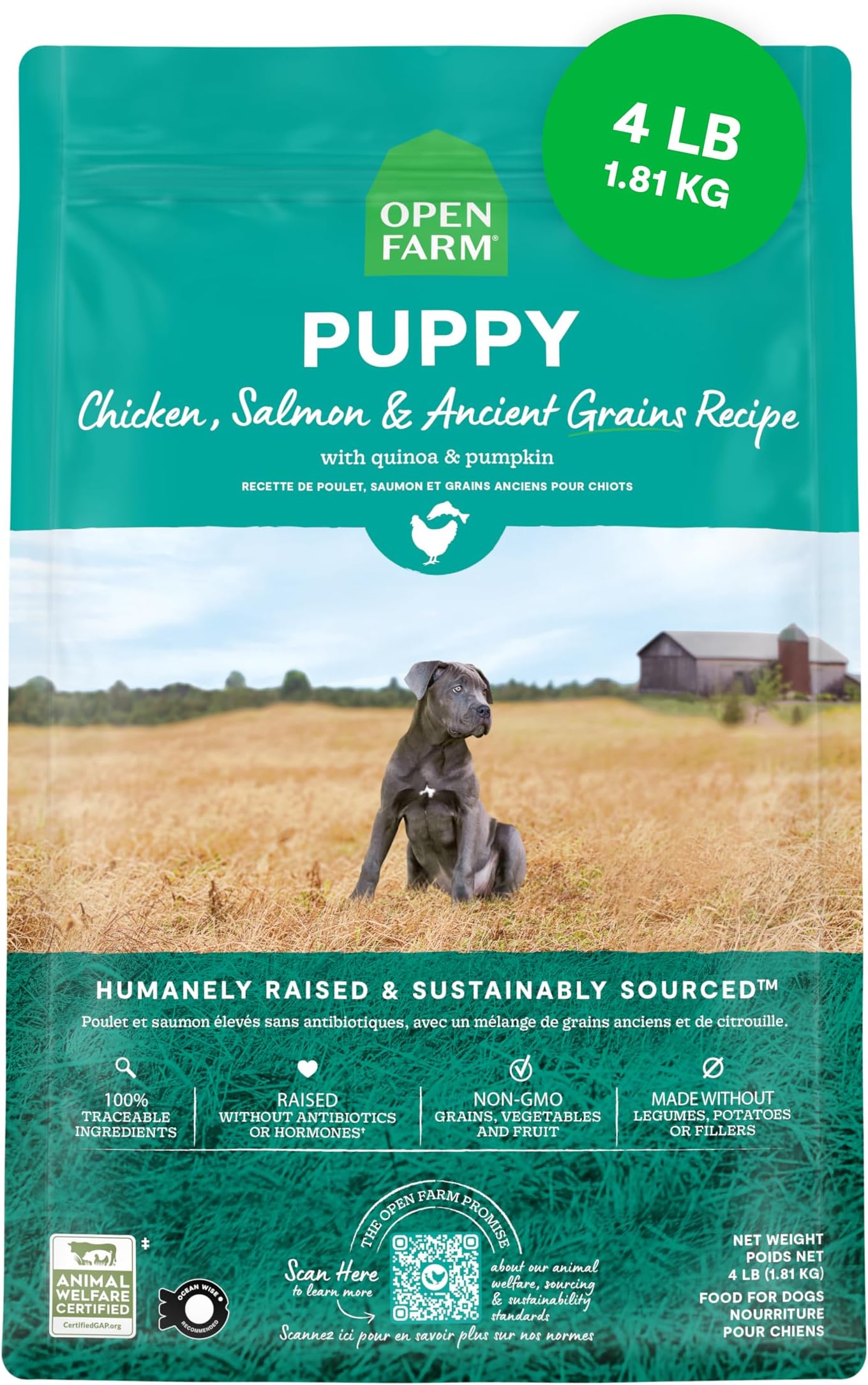 Ancient Grains Dry Dog Food for Puppies, Protein-Rich & Nutrient Dense, 90% Animal Protein Mixed with Non-GMO Fruits, Veggies and Superfoods, Chicken & Salmon Recipe for Puppy, 4lb Bag