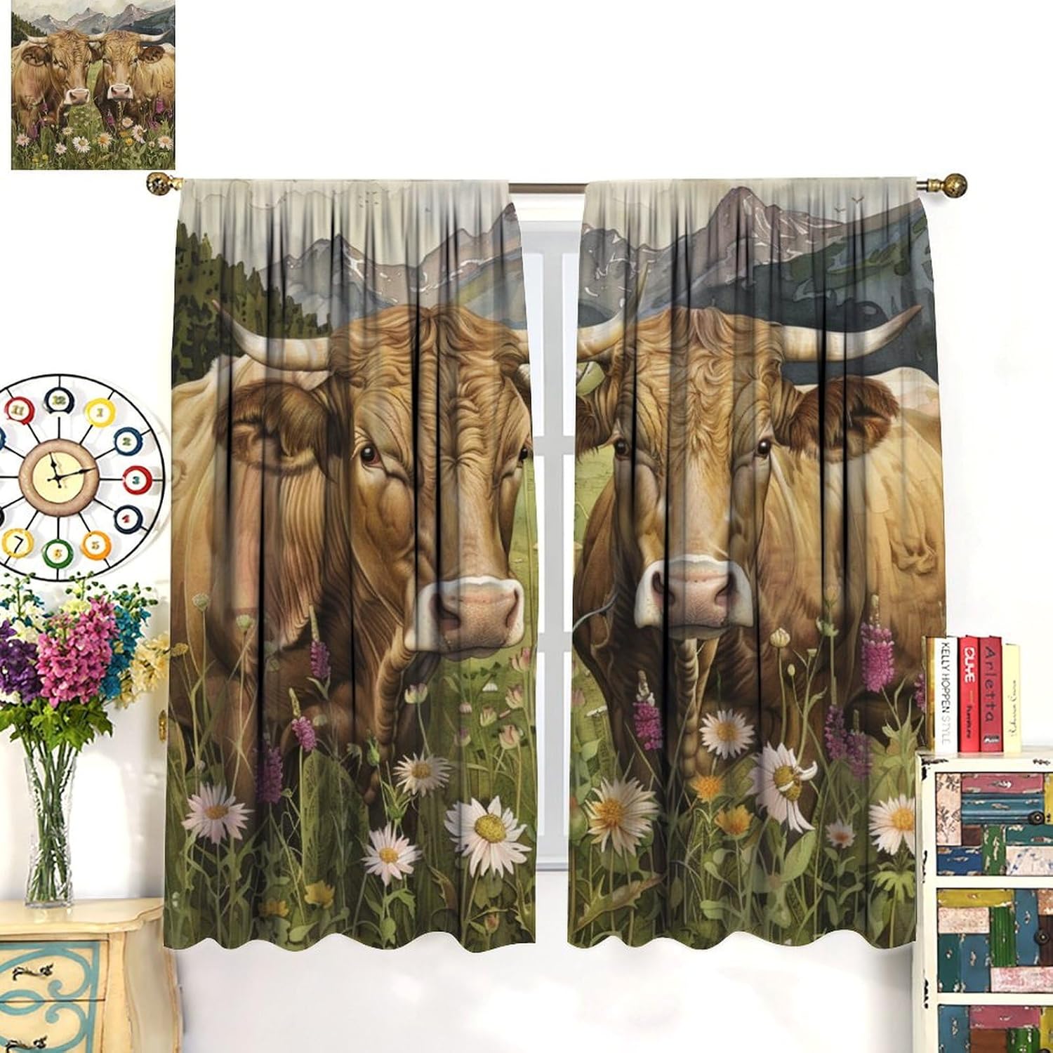 Grassland Cow Daisy Blackout Curtains for Bedroom Living Room, Mountain Animal Cattle Floral Curtains Rod Pocket Thermal Insulated Window Drapes, 2 Panels/Each 21" W x 63" L