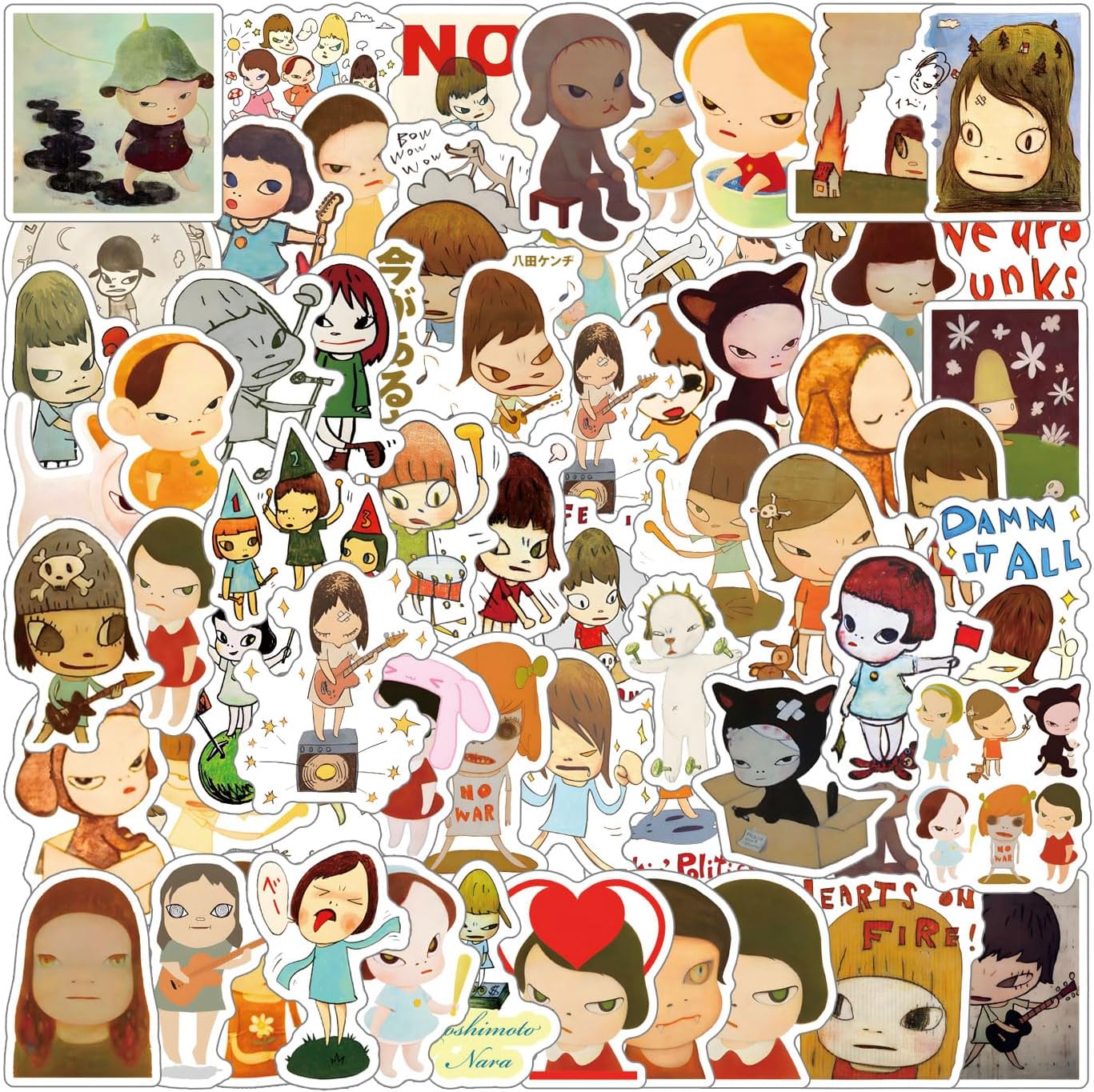 62Pcs Yoshitomo Nara Stickers Pack,Aesthetic Vinyl Waterproof Decals for Water Bottle,Laptop,Phone,Skateboard,Scrapbooking,Bumper Decor for Kids Teens Adults Fans for Party Supply Decor