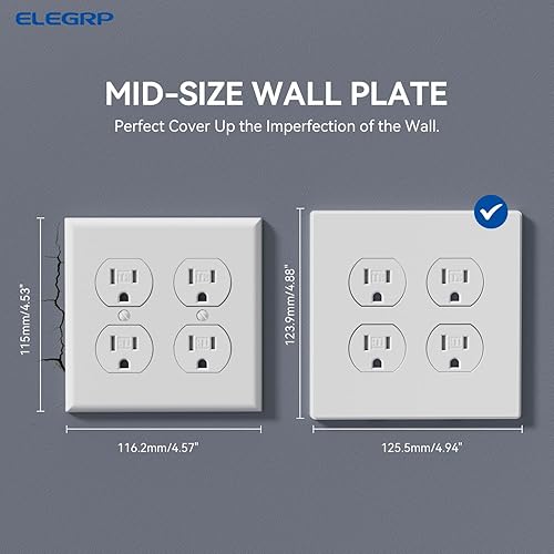 Miniatura 4 de ELEGRP Placas de pared dúplex sin tornillos de 2 segmentos, cubierta frontal termoplástica irrompible de tamaño mediano para toma de corriente