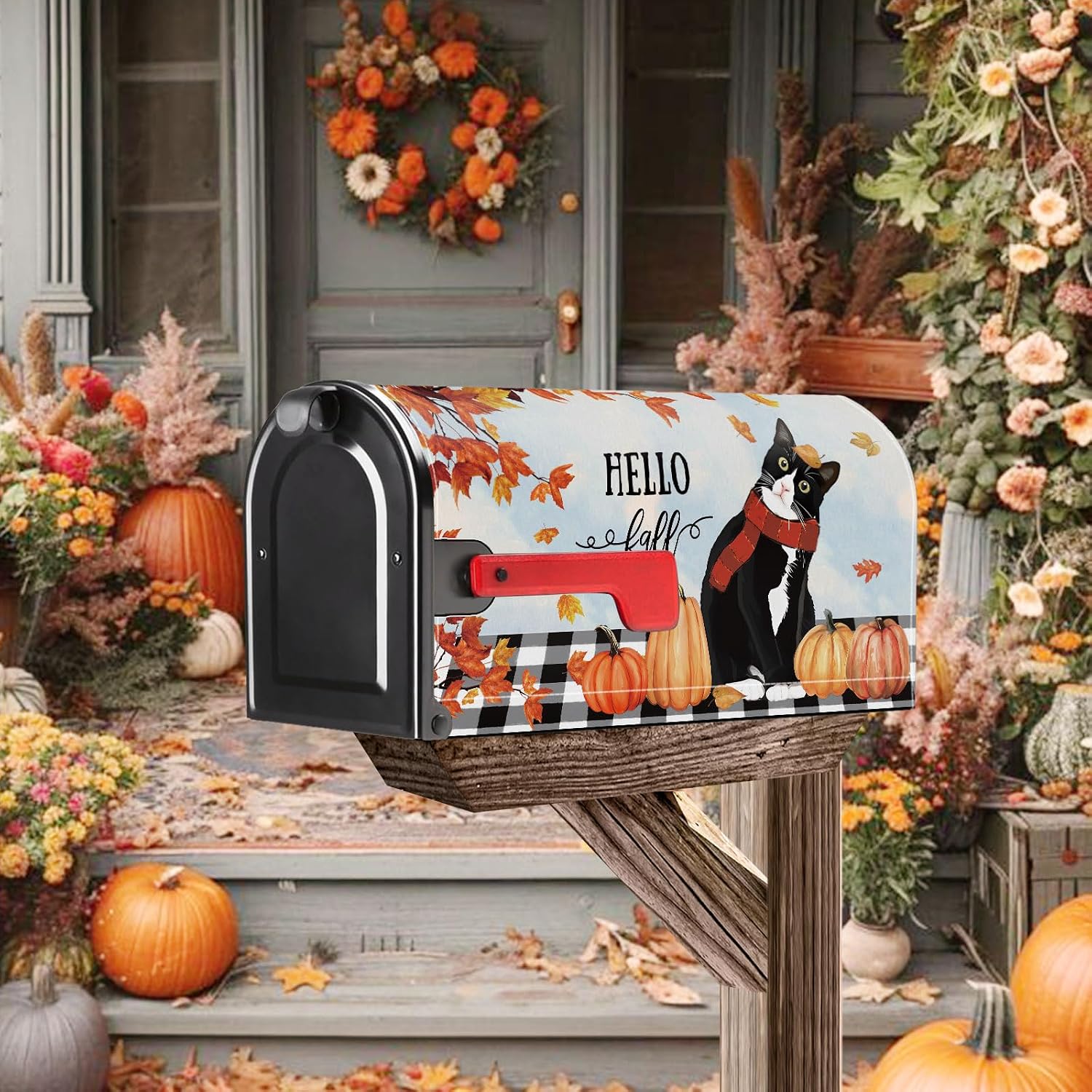 Hello Fall Cat Pumpkin Maple Leaf Mailbox Cover Magnetic Standard Size 21x18 Inch Fall Autumn Decorative Post Letter Box Wrap Decor Garden Yard Decoration