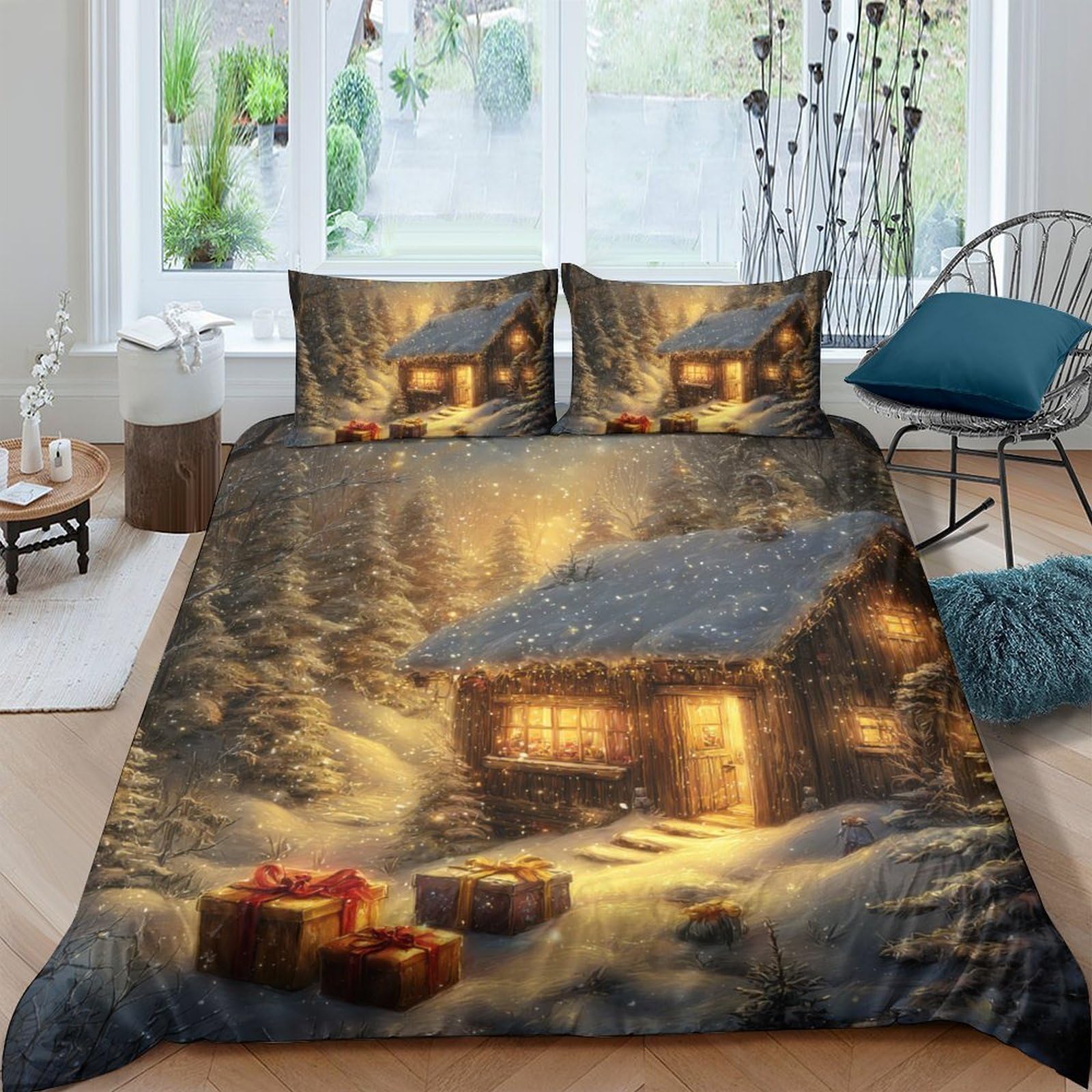 Ctjqhvkz Style-1 3D Printed Winter Cabin Fitted Sheet Microfiber Bedroom Decor Snowy Cottage Bed Cover For Home Guest Room Single（135X200cm）