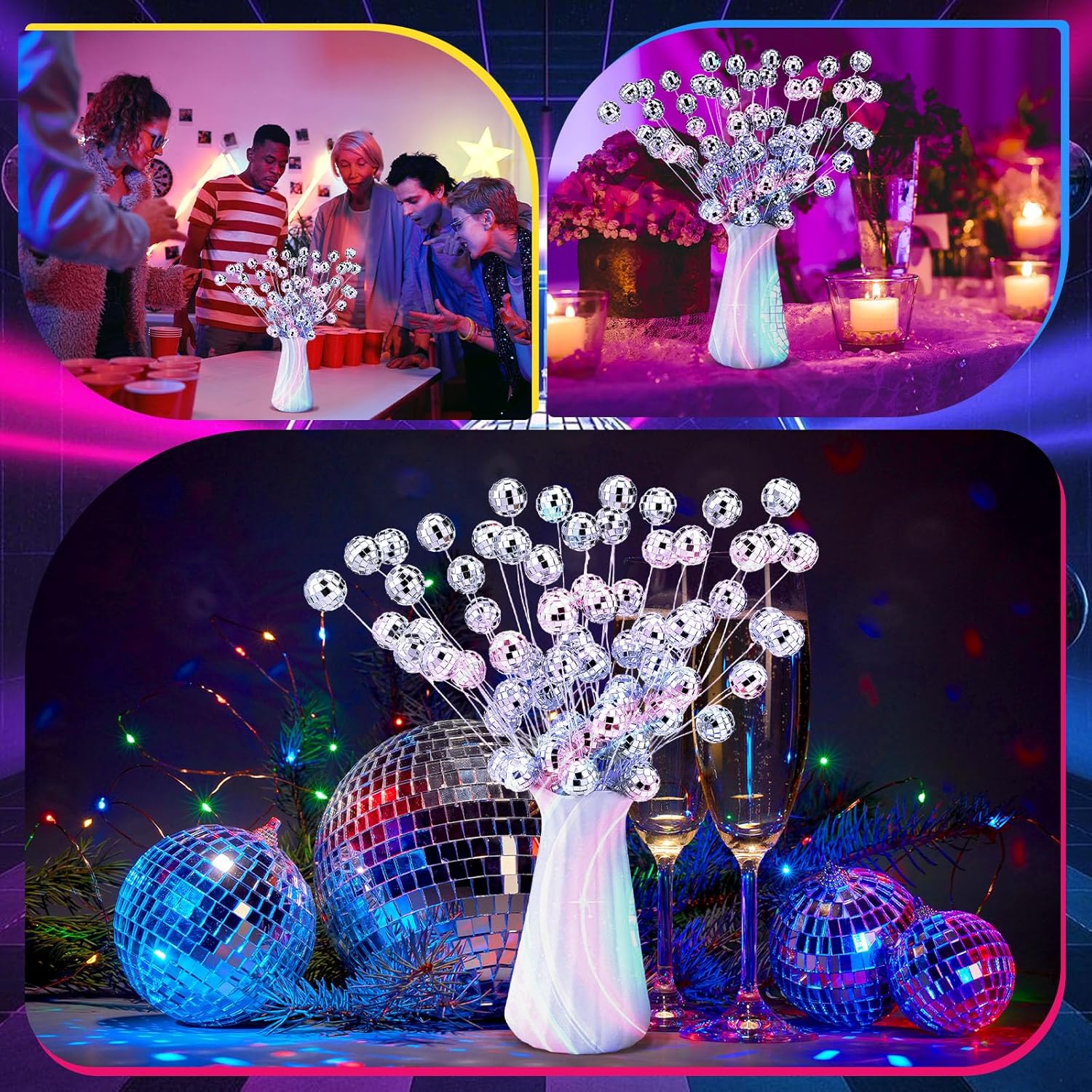 12 Pcs Disco Balls Party Decorations Disco Ball Ornaments 2026 Vase Bulk Party Silver Ornaments Glitter Mini Flower Picks Sticks Bulk 14 Inch Planter Vases Glitter Stems for Crafts