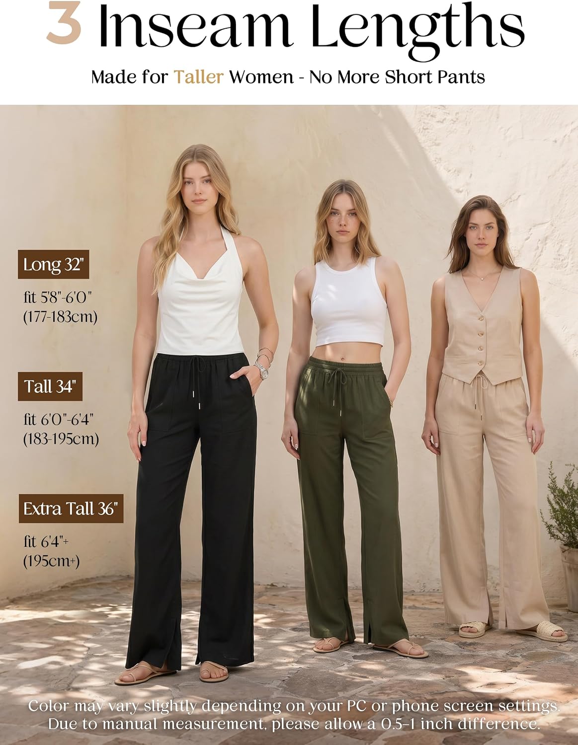Tall Women 32/34/36 Inseam Linen Pants Wide Leg Side Slit Beach Summer Casual Palazzo Lounge Bottom with Pockets