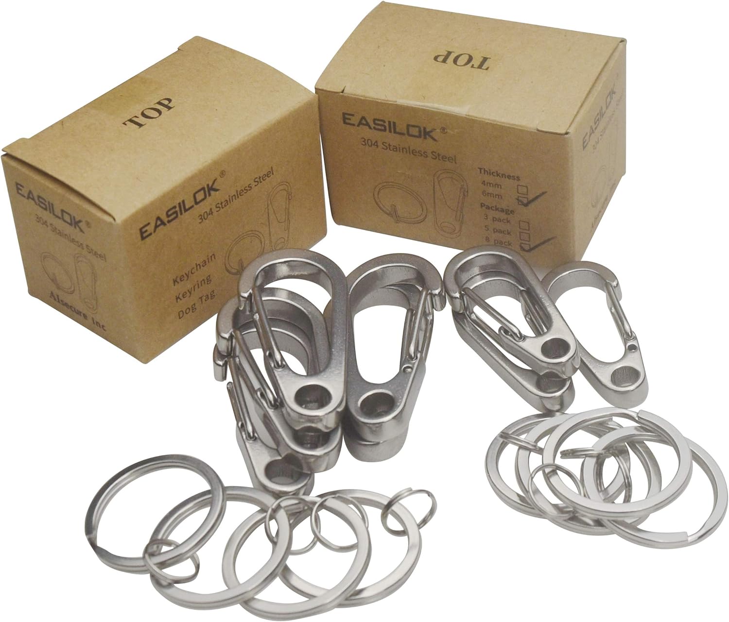 8 pack 304 Stainless Steel heavy duty with 6mm thickness,Carabiner Clip with KeyRing and Quick Release Snap Hook & KeyRing KeyChain Holder : Sports & Outdoors