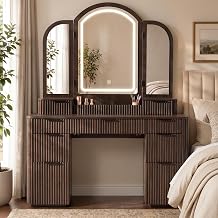 Vanity Desk with Trifold Mirrors, 52.76 Wide Makeup Vanity Table, Oak