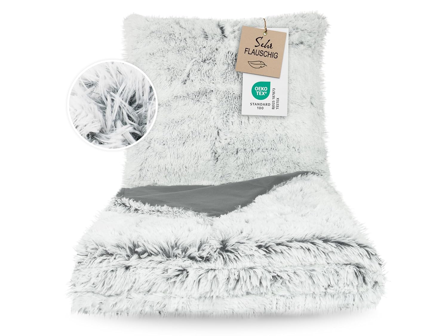 Zollner Long-Haired Fleece Bed Linen, Fur Look, 80 x 80 cm + 135 x 200 cm, Grey / White, grey, 135 x 200 cm