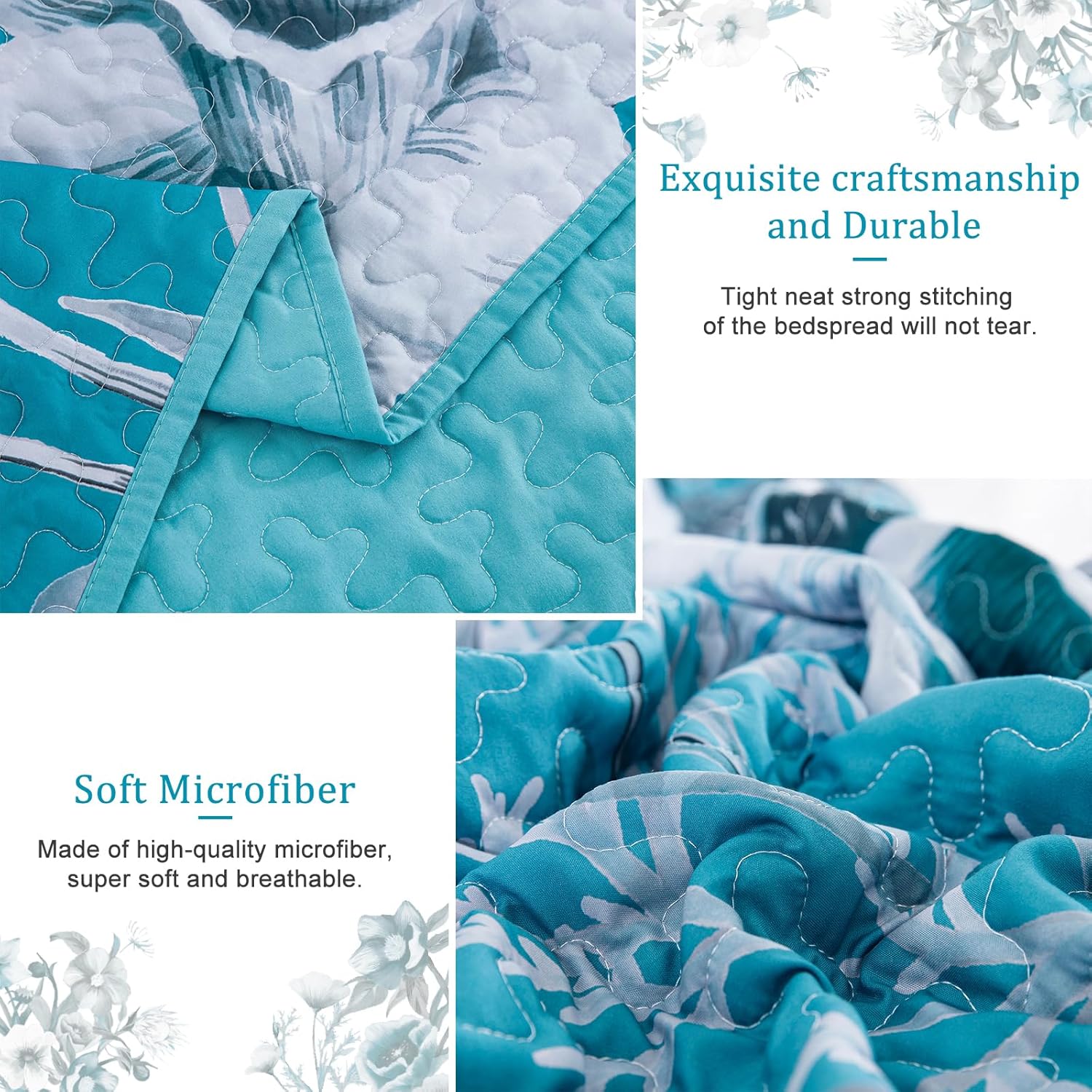 Floral Quilt Set Queen 3 Pieces Teal Blue Floral Quilt Coverlet Set Soft Microfiber Lightweight Teal Blue Quilted Bedspread for All Season 90"x96" - Image 6