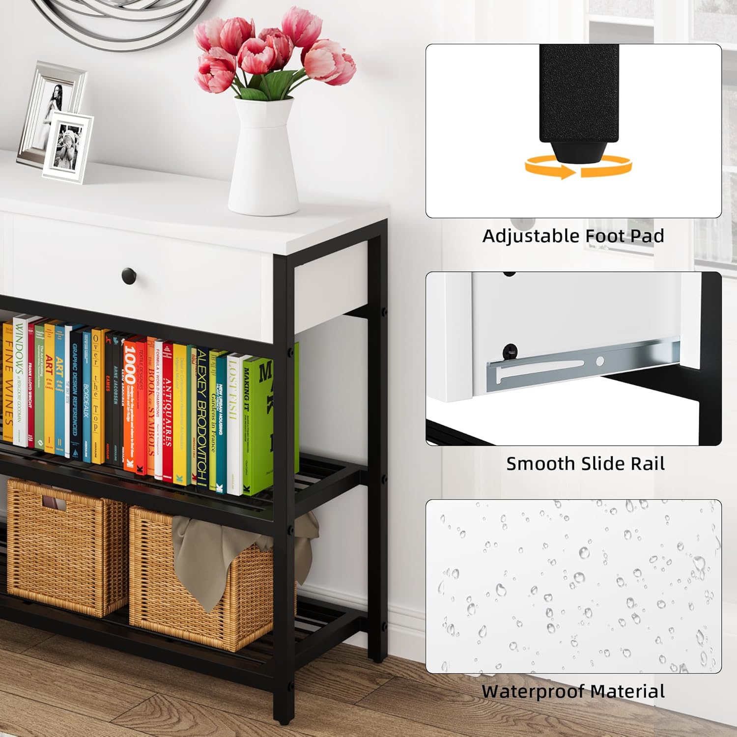 GAOMON Hallway Table with 2 Drawers and 2 Tiers Open Shelf - Metal Frame, Durable Structure - Perfect for Entryway, Living Room, Bedroom, Foyer in White