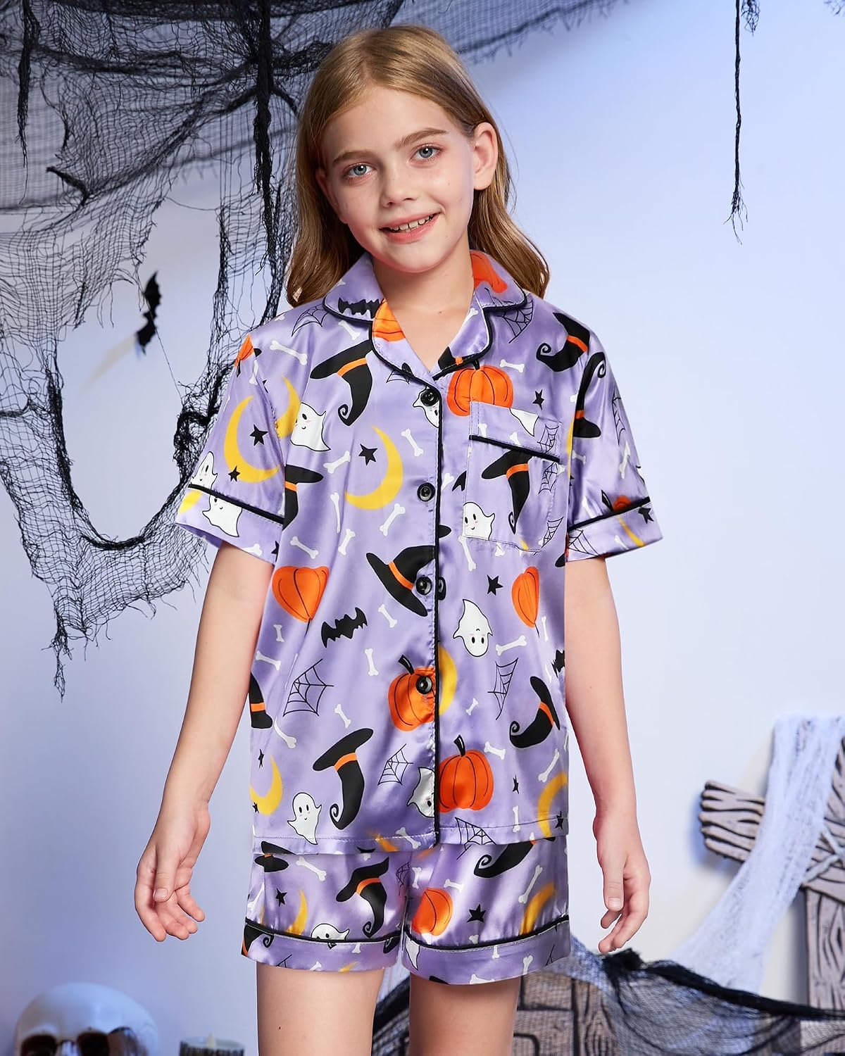MyFav Girls Pajama Set Short Sleeve Button Down Silky Satin Girls PJS Kids Sleepwear Summer Nightwear Loungewear Set
