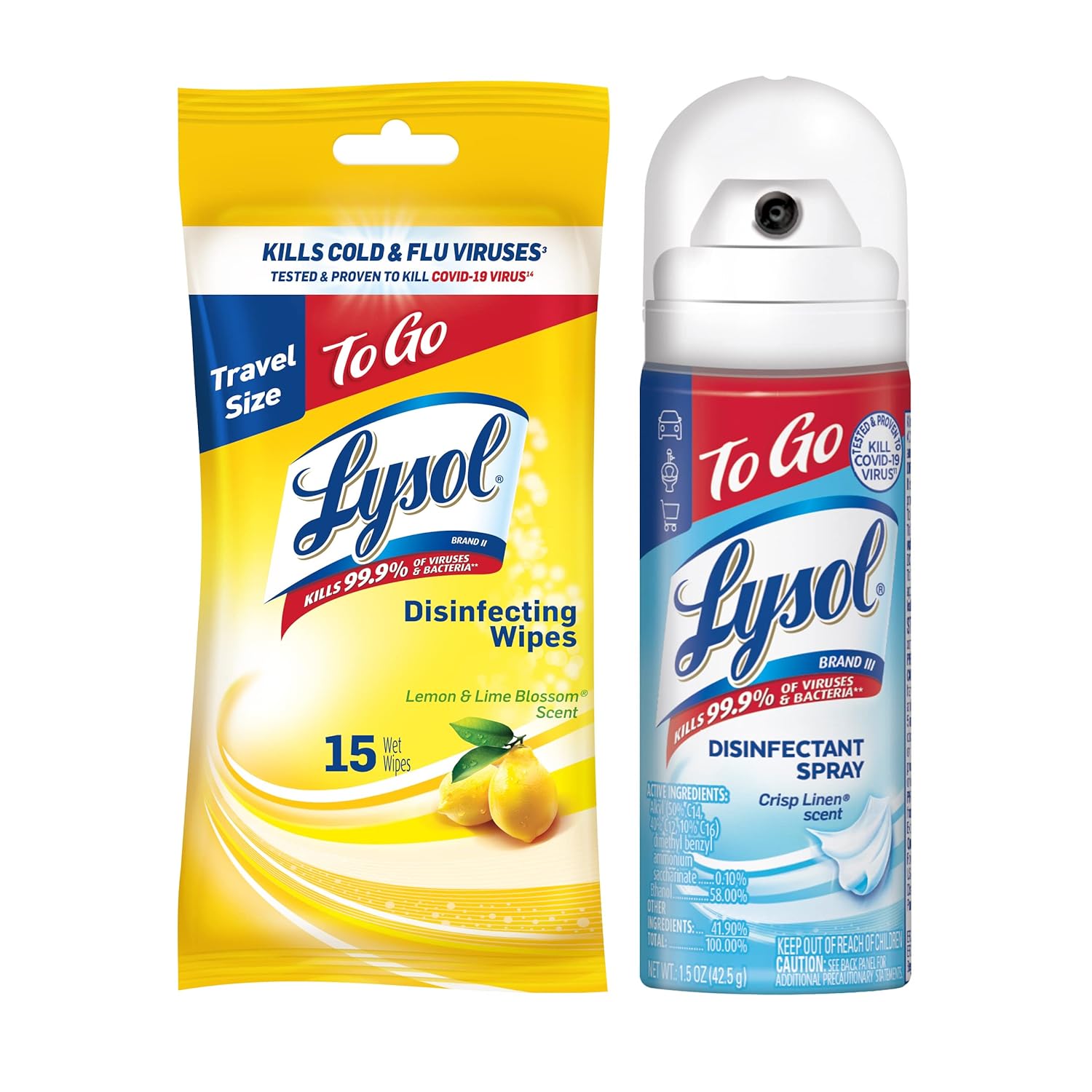Lysol To Go Bundle - 1 5 Ounce Crisp Linen Disinfectant Spray and Lemon Lime Disinfecting Wipes Flat
